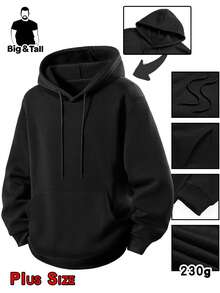 Men's Plus Size Fleece Hooded Sweatshirt, Loose Fit, BF Style Lazy Ins Style Warm Jacket Top, Sports Black Autumn Style - Black - View 16
