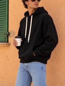 Men's Casual Drawstring Hooded Sweatshirt With Kangaroo Pocket, Relaxed Fit Pullover Hoodie - Black - View 2