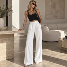 Wide Leg Pants Minimalist Commuter Style Old Money Aesthetic High Waist Pleated White Summer - White - View 5