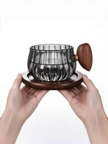 1pc Transparent/Grey Wooden Handle Glass Cup, Glass Coffee Cup & Saucer Set, Premium Afternoon Tea Set With Spoon, Fashion Style Coffee Glass Cup, Back To School Essential - Multicolor - View 2