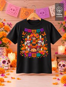 Camiseta para Niña de 4 a 12 años, 100% Algodón Manga Corta Cuello Redondo con Estampado de ofrenda típica mexicana, festividades Noviembre México, calavera - Negro - Ver 2