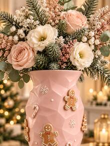 1pc Pink Resin Christmas Flower Vase, Gingerbread Man Candy Cane Snowflake Design, Festive Table Centerpiece, Holiday Home Decor For Living Room, Bedroom, Dining Table, Shelf - Gingerbread Geometric Vase - View 4