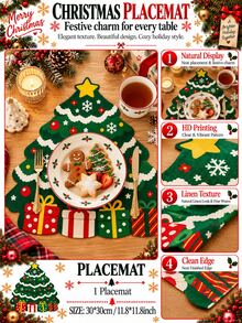 1pc Christmas Tree Shaped Linen Placemat, Country Print With Gift Box Snowflake Pattern Christmas Table Mat, Holiday Decor Placemat For Christmas Home Kitchen Tabletop Decoration - Multicolor - View 5