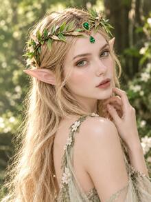Vintage Forest Fairy Earring & Headpiece Set, Forest Fairy Green Leaf Gemstone Vine Headband, Renaissance Festival Cosplay Prop, Suitable For Summer Outfit, Halloween - Multicolor - View 10