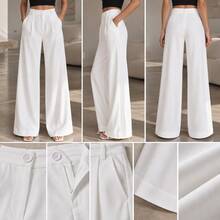 Wide Leg Pants Minimalist Commuter Style Old Money Aesthetic High Waist Pleated White Summer - White - View 3