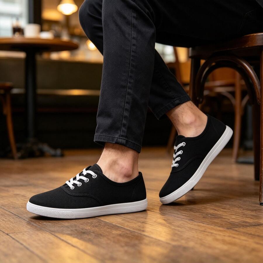 Men's Black And White Canvas Casual Shoes, Breathable Lightweight Non-Slip Comfortable Walking Shoes, Solid Color Round Toe Lace-Up Low-Top Flat Design, All-Season Versatile Minimalist Basic Style, Suitable For Daily Commute, Work And School Wear