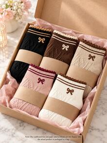 5 Pairs Women's Sweet Bow Knitted Short Socks, Wavy Cuff, Contrast Color Double Stripes & Diamond Texture, Multi-Color Versatile Everyday - Multicolor - View 5