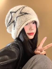 Women's Five-Point Star Knitted Beanie Hat, Slouchy Face-Slimming Pullover Knitted Cap, Thick Warm Versatile Large Head Circumference Atmosphere Hat For Autumn/Winter - Multicolor - View 10
