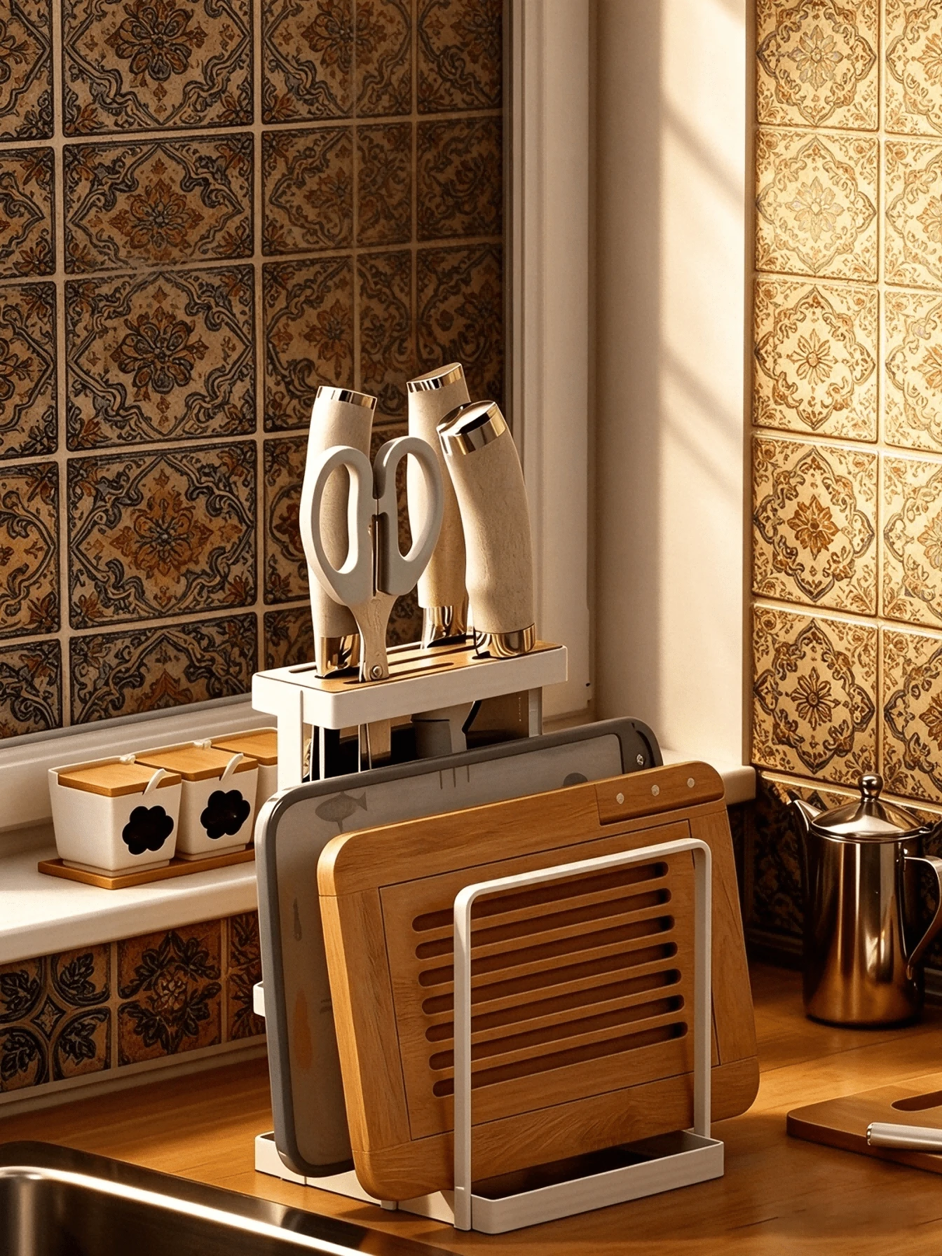 رف تخزين السكاكين وألواح التقطيع. تصميم مقسم للسكاكين وألواح التقطيع والمقصات. هيكل مجوف ومهوى يقاوم العفن. مستقر ومضاد للانقلاب، يحافظ على نظافة سطح المطبخ ويوفر المساحة. - لون عشوائي - مشاهدة 1
