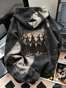 Women's Grey Witch Pattern Hooded Long Sleeve Crew Neck Pullover, Suitable For Autumn And Halloween, Washed Vintage Distressed Sweatshirt, Printed Pattern Sweatshirt, Plus Size Women's Casual Autumn/Winter Long Sleeve Pocket Sweatshirt, Suitable For Winter Holiday, Beach, Vacation, Autumn, Halloween, Christmas, New Year Outfits. Suitable For Daily Wear, Going Out, Outings, Holidays, Beach, Party, Birthday, Beach, Gathering, School, Music Festival, Vacation. - Black - View 2