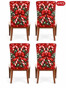Sarung Sandaran Kursi Makan Natal, Motif Permen Tongkat, Pita Merah, Holly Berry, Kerucut Pinus, dan Kepingan Salju, Dekorasi Rumah Pesta Liburan Natal Meriah untuk Dapur, Ruang Makan, dan Pesta - B - View 8