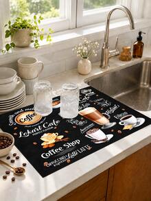 1pc Vintage Cafe Style Letter Print Dish Drying Mat, Absorbent Kitchen Dish Drying Mat, Coffee Machine Mat, Dishwashing Mat, Sink Mat, Kitchen Countertop Protector, Suitable For Cups, Plates, Utensils And Kitchen Decor - Multicolor - View 5