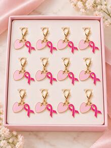 12 Pcs Pink Breast Cancer Awareness Keychain Set, Breast Cancer Awareness Memorial Accessories | Pink Ribbon And Heart Hope Keychains, Women's Party Favors, Breast Cancer Survivor Gifts - Baby Pink - View 2