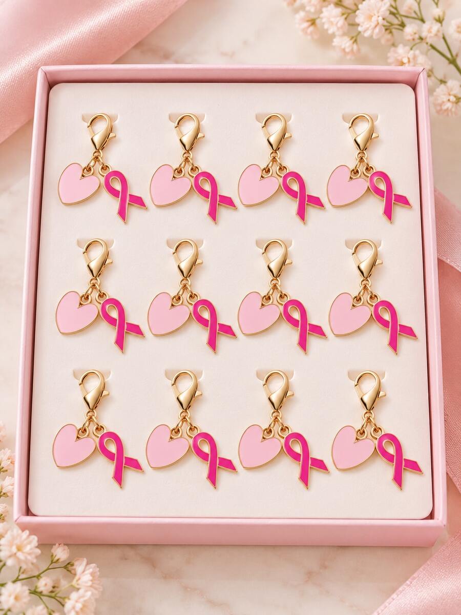 12 Pcs Pink Breast Cancer Awareness Keychain Set, Breast Cancer Awareness Memorial Accessories | Pink Ribbon And Heart Hope Keychains, Women's Party Favors, Breast Cancer Survivor Gifts