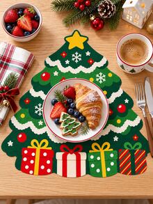 1pc Christmas Tree Shaped Linen Placemat, Country Print With Gift Box Snowflake Pattern Christmas Table Mat, Holiday Decor Placemat For Christmas Home Kitchen Tabletop Decoration - Multicolor - View 4