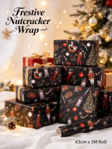 1 Roll, 43*300 Cm (16.93*118.11 Inches), Walnut-Crate Pattern Wrapping Paper, Cute Cartoon Christmas Element Patterns, Christmas-Style Printed Gift Wrapping Paper, Festive Gift Wrapping Paper - Multicolor - View 6