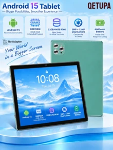 Qetupa 10.1 吋 Android 15 平板電腦，4GB RAM+64GB/128GB，八核心 1.8GHz 處理器，HD (1280x800) IPS 觸控螢幕，BT 5.2 & 802.11ac WiFi5，GPS，5MP 前置相機 & 13MP 後置相機，6000mAh 大容量電池（不含適配器） - 綠色 - 查看 1