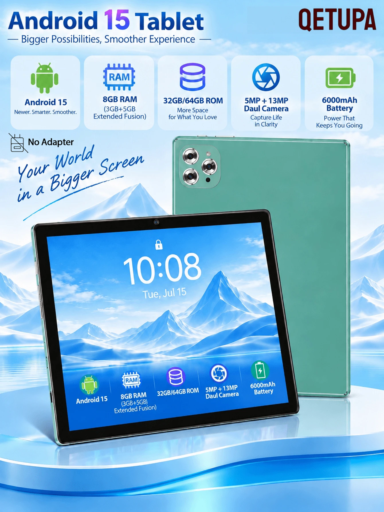 Qetupa 10.1 吋 Android 15 平板電腦,4GB RAM+64GB/128GB,八核心 1.8GHz 處理器,HD (1280x800) IPS 觸控螢幕,BT 5.2 & 802.11ac WiFi5,GPS,5MP 前置相機 & 13MP 後置相機,6000mAh 大容量電池(不含適配器) - 綠色 - 查看 1