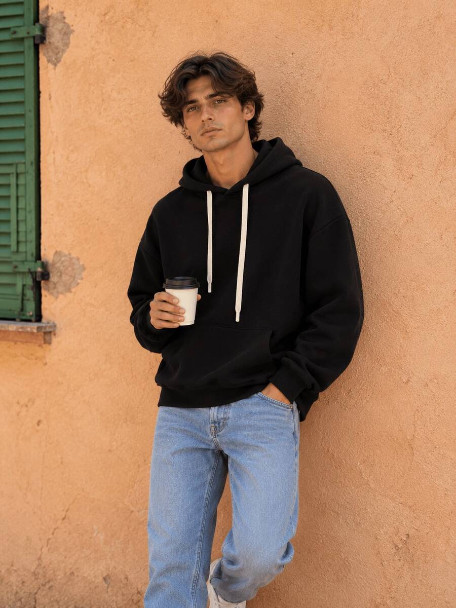 Men's Casual Drawstring Hooded Sweatshirt With Kangaroo Pocket, Relaxed Fit Pullover Hoodie - Black - View 1