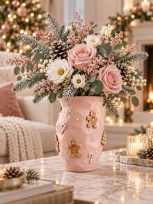 1pc Pink Resin Christmas Flower Vase, Gingerbread Man Candy Cane Snowflake Design, Festive Table Centerpiece, Holiday Home Decor For Living Room, Bedroom, Dining Table, Shelf - Gingerbread Geometric Vase - View 5
