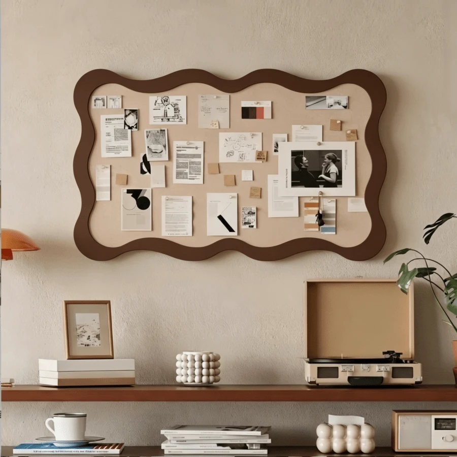 1pc 15.75*23.62 Inch Wavy Frame Felt Bulletin Board, Aesthetic Fan-Shaped Edge Felt Pin Board, Self-Adhesive Photo Display And Memo Vision Board, Suitable For Home Office And Room Decor - A - View 1