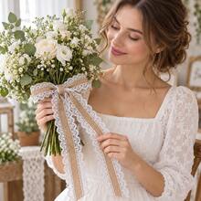 6cm/2.36inch Wide, 2m Long Natural Jute Burlap Ribbon Roll With White Lace Trim, Suitable For DIY Crafts, Wedding Decoration - Multicolor - View 2