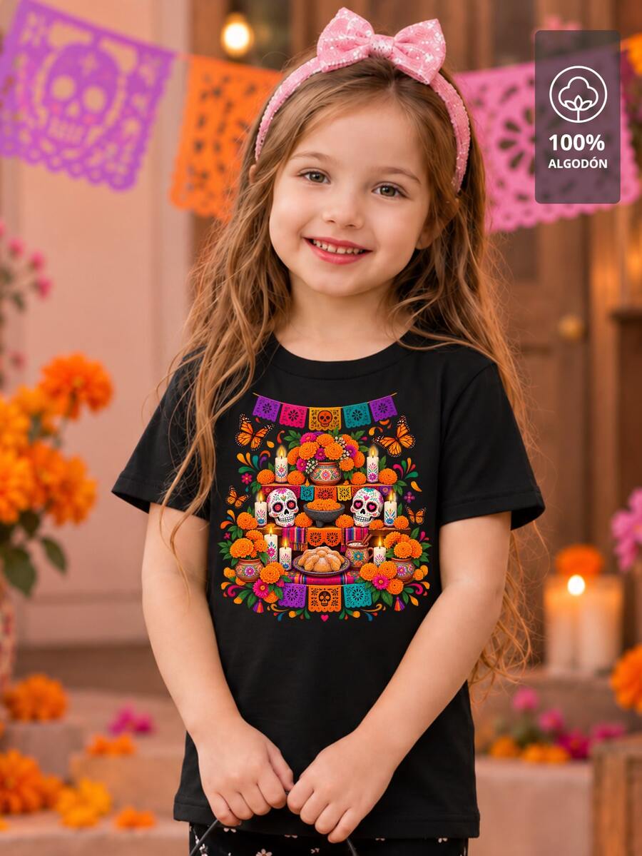 Camiseta para Niña de 4 a 12 años, 100% Algodón Manga Corta Cuello Redondo con Estampado de ofrenda típica mexicana, festividades Noviembre México, calavera - Negro - Ver 1