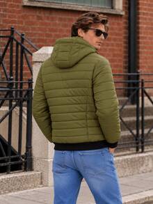 Men's Hooded Quilted Padded Jacket With Zip Pockets & Ribbed Trim, Casual Lightweight Outerwear - Olive Green - View 3