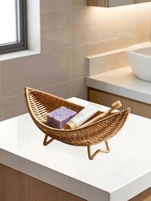 Woven Boat-Shaped Rattan Storage Tray With Sturdy Support Feet, Decorative Sundries Storage Basket, Desktop Organizer Container, Suitable For Bathroom, Living Room, Bedroom, Can Hold Skincare Products, Candles, Tea Set, Small Home Decor Items - Multiple Styles - View 6