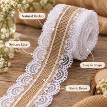 6cm/2.36inch Wide, 2m Long Natural Jute Burlap Ribbon Roll With White Lace Trim, Suitable For DIY Crafts, Wedding Decoration - Multicolor - View 4
