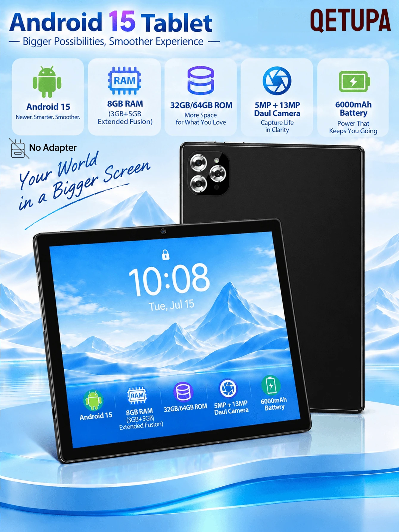 Qetupa Máy tính bảng Android 15 10.1", RAM 4GB+64GB/128GB, Bộ vi xử lý 8 nhân 1.8GHZ, Màn hình cảm ứng IPS HD(1280x800), BT 5.2&802.11ac WiFi5, GPS, Camera trước 5MP&Camera sau 13MP, Pin lớn 6000mAh (KHÔNG kèm bộ sạc) - màu đen - Xem 1