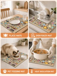 1pc Colorful Food Illustration Coffee Corner Draining Mat, Kitchen Dish Drying Mat, Absorbent Tableware Drying Mat, Coffee Machine Mat, Dishwashing Mat, Sink Mat, Kitchen Countertop Protector, Suitable For Cups, Plates, Tableware And Kitchen Decor - Multicolor - View 7