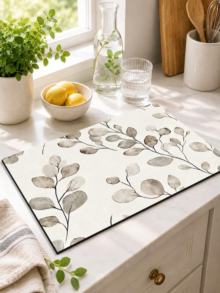 1pc Minimalist Botanical Style Kitchen Countertop Mat, Dish Drying Mat, Absorbent Dish Drying Mat, Coffee Machine Mat, Dishwashing Mat, Sink Mat, Kitchen Countertop Protector, Suitable For Cups, Plates, Tableware And Kitchen Decor - Multicolor - View 1