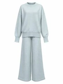 Women's Casual Oversized Round Neck Sweater & Wide Leg Pants Two Pieces Set, Medium Stretch Light Blue Knit Outfit For Fall & Winter Daily Wear - Mint Blue - View 5