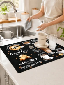 1pc Vintage Cafe Style Letter Print Dish Drying Mat, Absorbent Kitchen Dish Drying Mat, Coffee Machine Mat, Dishwashing Mat, Sink Mat, Kitchen Countertop Protector, Suitable For Cups, Plates, Utensils And Kitchen Decor - Multicolor - View 4