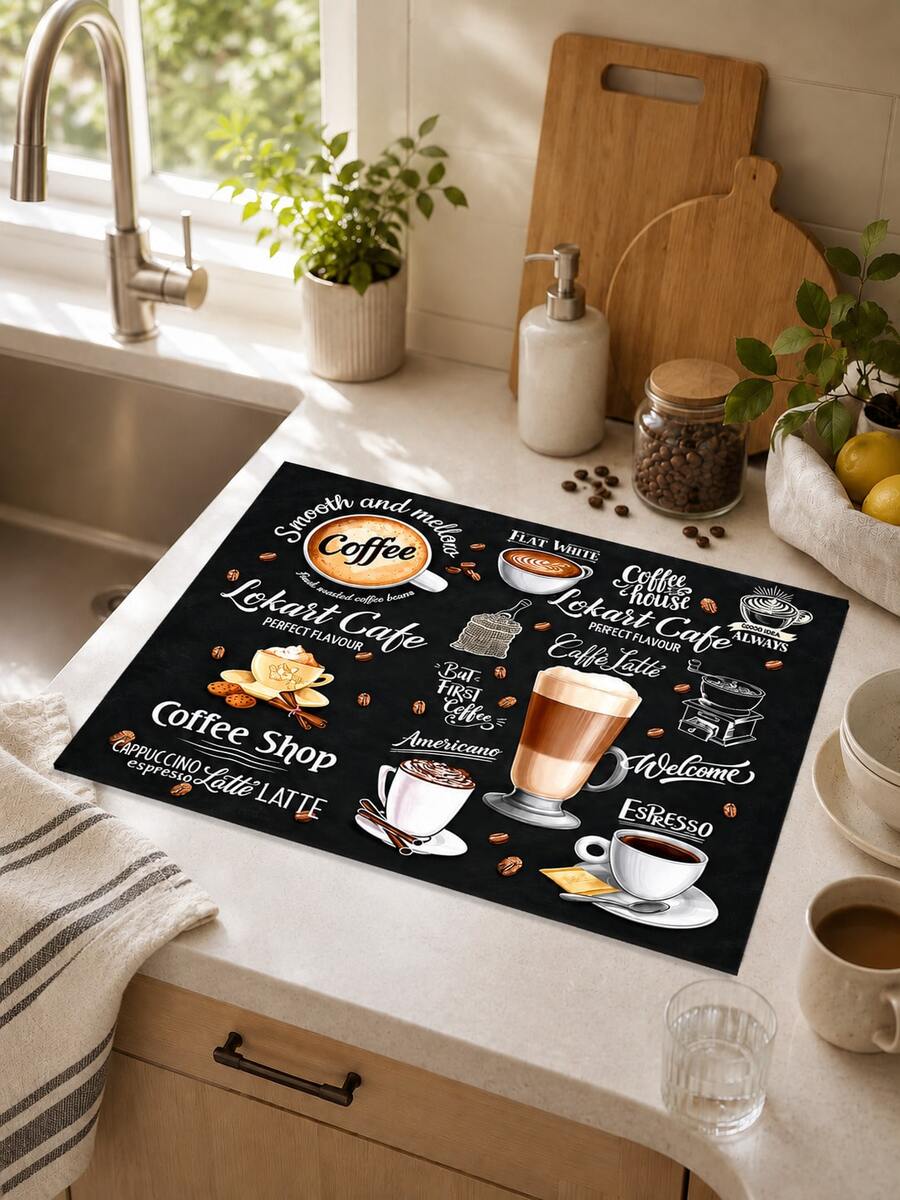 1pc Vintage Cafe Style Letter Print Dish Drying Mat, Absorbent Kitchen Dish Drying Mat, Coffee Machine Mat, Dishwashing Mat, Sink Mat, Kitchen Countertop Protector, Suitable For Cups, Plates, Utensils And Kitchen Decor - Multicolor - View 1