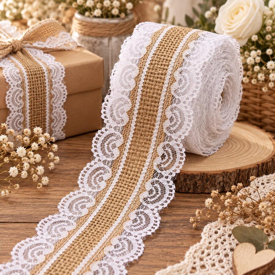 6cm/2.36inch Wide, 2m Long Natural Jute Burlap Ribbon Roll With White Lace Trim, Suitable For DIY Crafts, Wedding Decoration - Multicolor - View 1