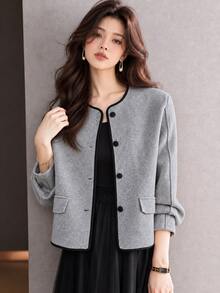 YUXIN Women's Elegant Round Neck Short Jacket, Black Trim, Front Button Closure, Patch Pockets, Loose Balloon Sleeves, Fashion Outerwear, Suitable For Office, Autumn/Winter Wear - Grey - View 3