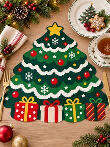 1pc Christmas Tree Shaped Linen Placemat, Country Print With Gift Box Snowflake Pattern Christmas Table Mat, Holiday Decor Placemat For Christmas Home Kitchen Tabletop Decoration - Multicolor - View 11