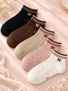5 Pairs Women's Sweet Bow Knitted Short Socks, Wavy Cuff, Contrast Color Double Stripes & Diamond Texture, Multi-Color Versatile Everyday - Multicolor - View 1