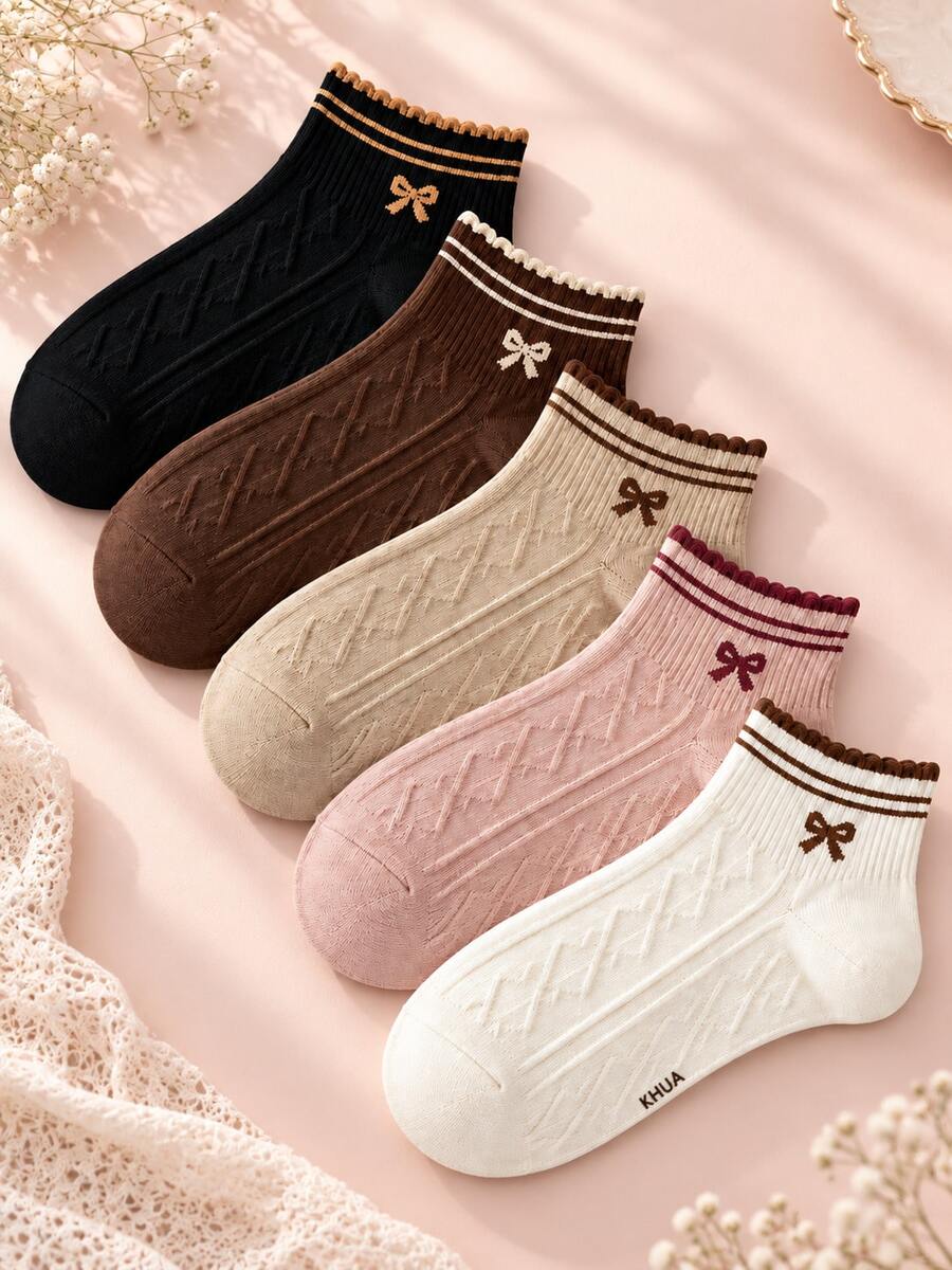 5 Pairs Women's Sweet Bow Knitted Short Socks, Wavy Cuff, Contrast Color Double Stripes & Diamond Texture, Multi-Color Versatile Everyday - Multicolor - View 1