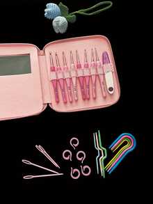 Pink Gradient 25pcs Crochet Tool Set, Includes 8pcs 2.5-6.0mm Soft Handle Crochet Hooks, 7pcs Cable Needles, 2pcs 7cm/9cm Large Eye Sewing Needles, 5pcs Pink Large Opening Stitch Markers, Suitable For Dolls, Shawls, Coasters, Sweaters And Other Yarn DIY Projects - Set - View 3
