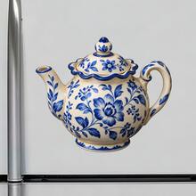 藍色花卉茶壺冰箱磁鐵，適合寧靜品茗時光，營造溫馨鄉村廚房氛圍，適用於家中所有金屬表面 - A - 查看 2