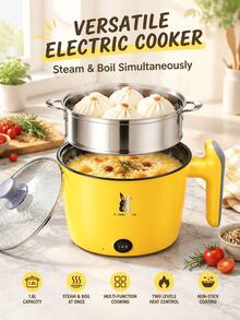 SMEG is gems 18cm Diameter Double-Layer Electric Cooker, Electric Stir-Fry Pot, Electric Frying Pan, Multi-Function Electric Pot, Student Electric Pot, Dormitory Small Electric Pot, All-In-One Pot, Hot Pot, Multiple Delicacies, Variety Cooking, Two-Level Heat Adjustment, Mechanical Button, Simple Operation, No Waste For One Person, Share For Two People, Suitable For 1~3 People, Low Smoke And Oil, Non-Stick Bottom, Easy To Clean After Meal - Yellow Double Layer - View 1