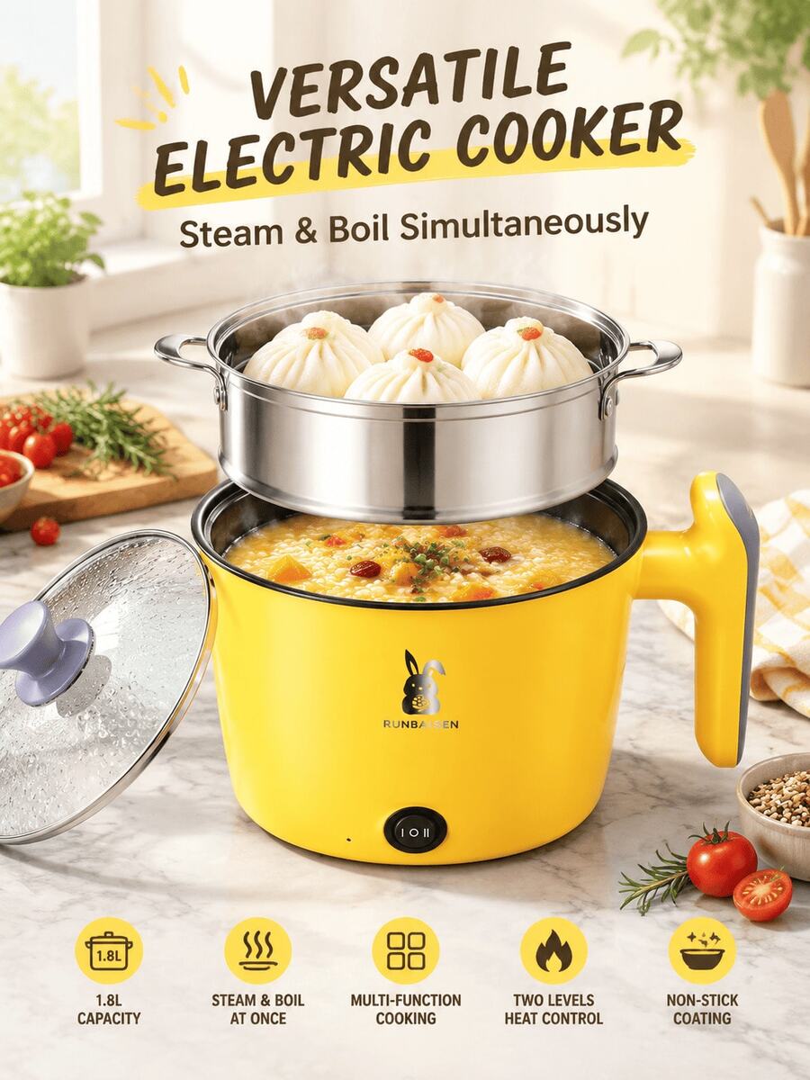 SMEG is gems 18cm Diameter Double-Layer Electric Cooker, Electric Stir-Fry Pot, Electric Frying Pan, Multi-Function Electric Pot, Student Electric Pot, Dormitory Small Electric Pot, All-In-One Pot, Hot Pot, Multiple Delicacies, Variety Cooking, Two-Level Heat Adjustment, Mechanical Button, Simple Operation, No Waste For One Person, Share For Two People, Suitable For 1~3 People, Low Smoke And Oil, Non-Stick Bottom, Easy To Clean After Meal - Yellow Double Layer - View 1