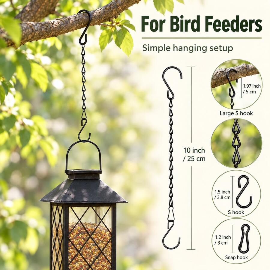 Black Metal Hanging Chain With S-Hook And Snap Clip, Suitable For Plant Baskets, Bird Feeders, Lanterns And Decorations, 25cm