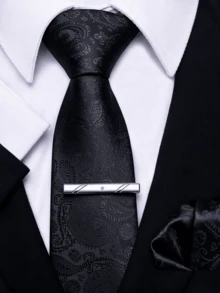 3件組男士正式三件套 8cm寬手工領帶口袋巾領帶夾套組 多款花色可選 婚禮宴會西裝配件 - 黑色暗紋佩斯利花紋 - 查看 1
