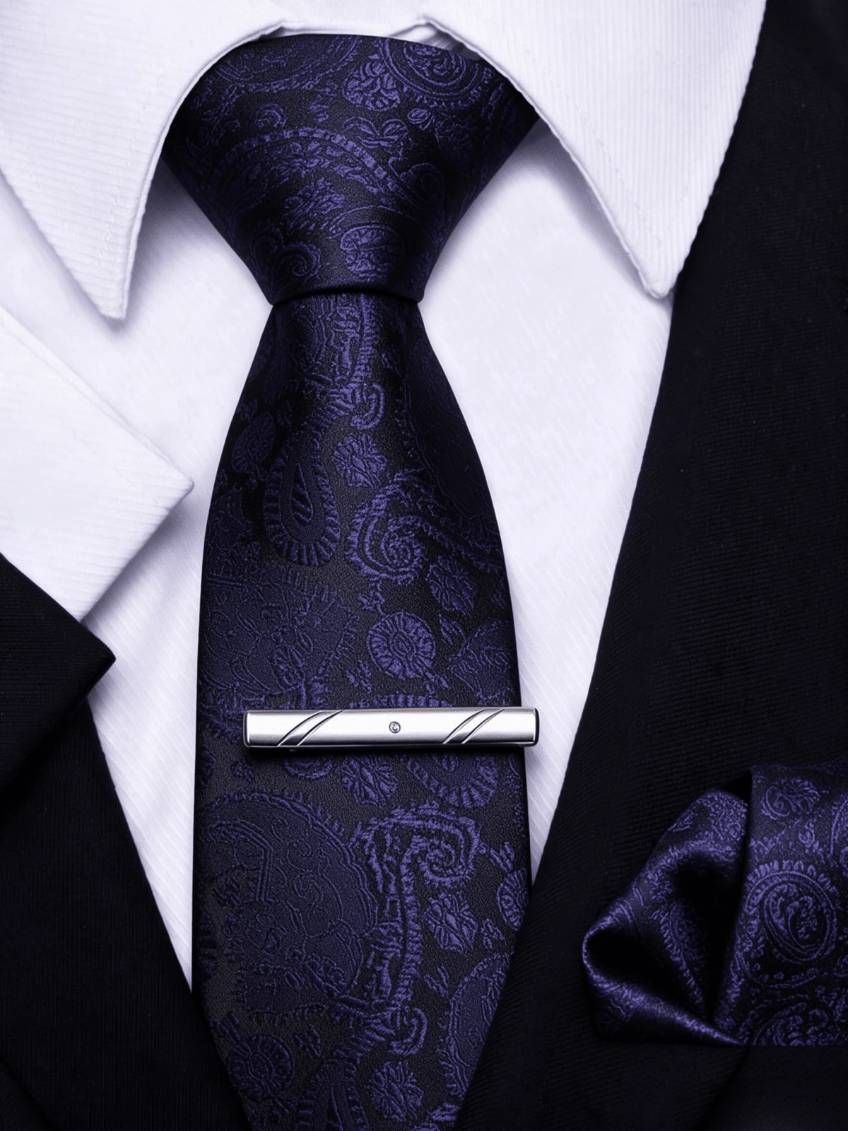 3pcs Men's Formal 3 Pieces Set, 8cm Wide Hand-Made Tie, Pocket Square, Tie Clip Set, Multiple Patterns Available, Wedding Banquet Suit Accessories - Navy Blue Subtle Jacquard - View 1