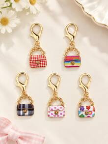 5/10pcs Mini Alloy Bag Charm Keychain Pendant, Leopard, Floral, Plaid, Rainbow Print, Lobster Clasp, Sweet Style DIY Accessory - Multicolor - View 10