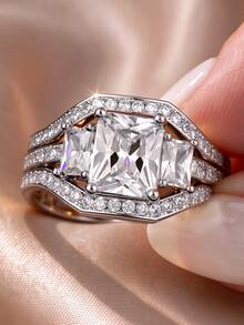 1pc Exquisite V-Shaped 4-Prong Rectangular Geometric Couple Ring For Women, Suitable For Valentine's Day, Engagement Gift, Party Jewelry - White - View 1